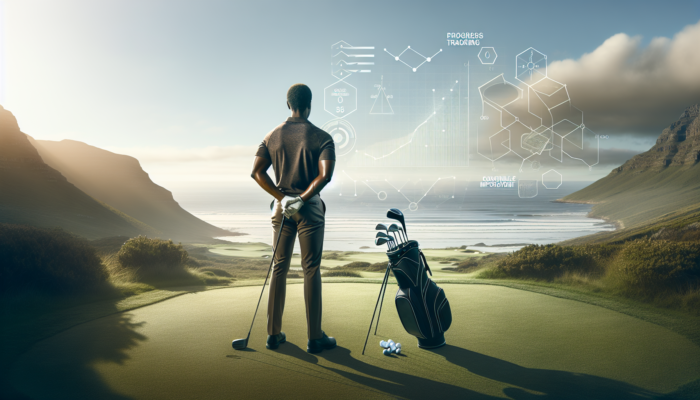 A determined golfer in Eastern Cape reviews scorecards on a sunny course with ocean views, surrounded by clubs and graphs for improvement.
