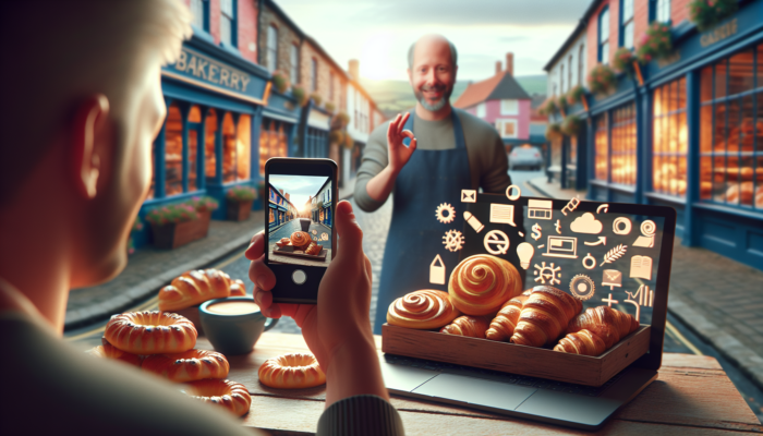 A small business owner in a UK bakery films a promotional video on a smartphone, with a laptop displaying SEO keywords amid fresh pastries and sunlight.