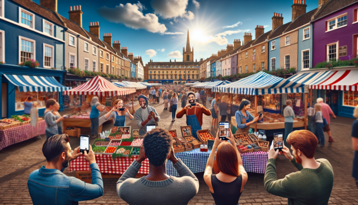 A bustling market square in Midsomer Norton displaying historic Georgian architecture, vibrant stalls, and marketers capturing Instagram moments under a sunny sky.