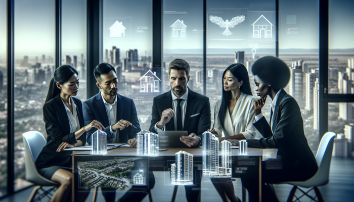 Real estate experts in a modern office discussing Kempton Park agents, surrounded by digital maps and city skyline views.