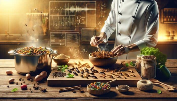 A chef selects edible insects like crickets and mealworms on a wooden board in a modern kitchen, surrounded by herbs, spices, and steaming pots.