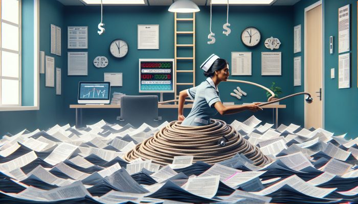 NHS nurse in a modern UK office reviews debt bills and interest rates on a computer, with a flowchart of consolidation steps.