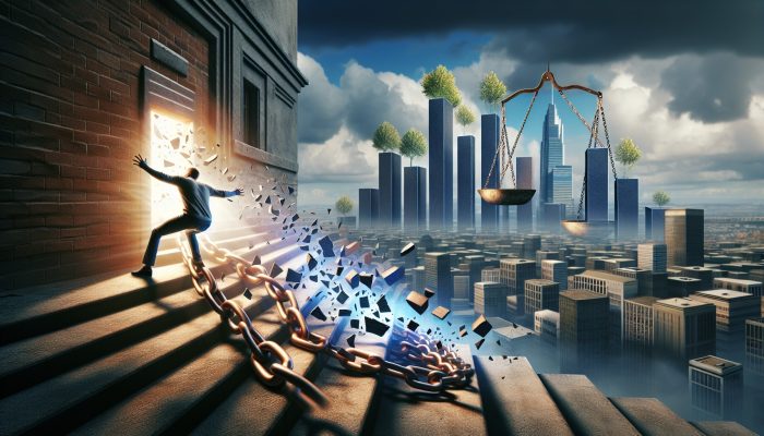 A person escaping chains labelled "Debt Myths" amid shattered credit illusions, with a glowing path, scales, and rising graphs in a surreal landscape.