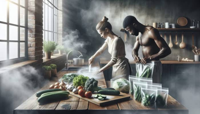 A home cook in a bright modern kitchen washes vibrant greens, chops vegetables on a board, and seals them in freezer bags with steam and frost.