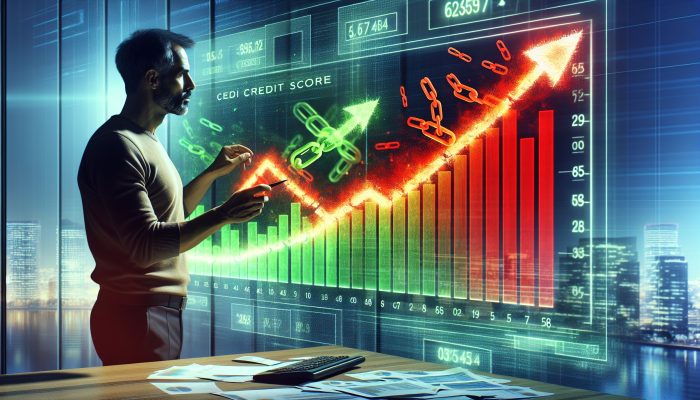 Illustration of a rising credit score graph from red to green, broken chains for debt consolidation, and a person reviewing documents with upward arrows.