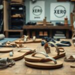 A workshop table displays unfinished sandals and leather straps, hinting at the brand origins of Xero Shoes. Rolls of fabric, tools, and patterns are scattered around as makers work beneath “Xero Shoes” posters on the back wall.