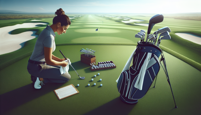 A focused golfer kneels on a lush fairway, wiping his club with a quality towel, near golf bag and distant greens under a clear sky.
