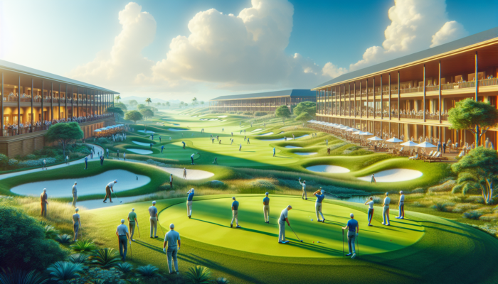 Vibrant scene at Westlake Golf Club: members teeing off on a lush course under sunny skies, socializing in an elegant clubhouse.