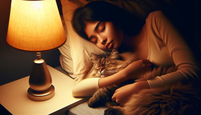 A young woman and her fluffy cat sleeping peacefully on a cozy bed under warm golden lamplight, symbolizing anxiety relief.