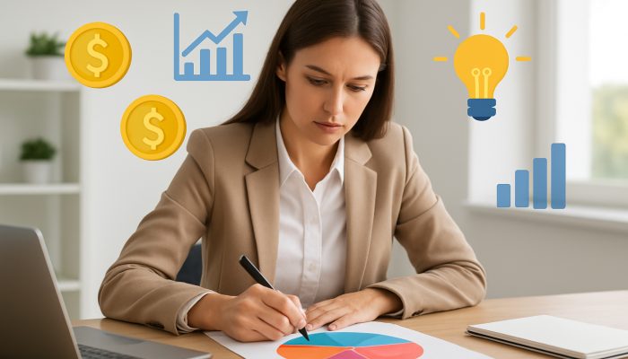 Young professional mapping debts on colourful chart with coins, graphs, and lightbulb icons.