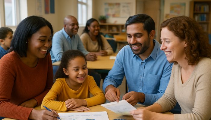 Diverse families in a UK community center, sharing financial literacy ideas with warm smiles.