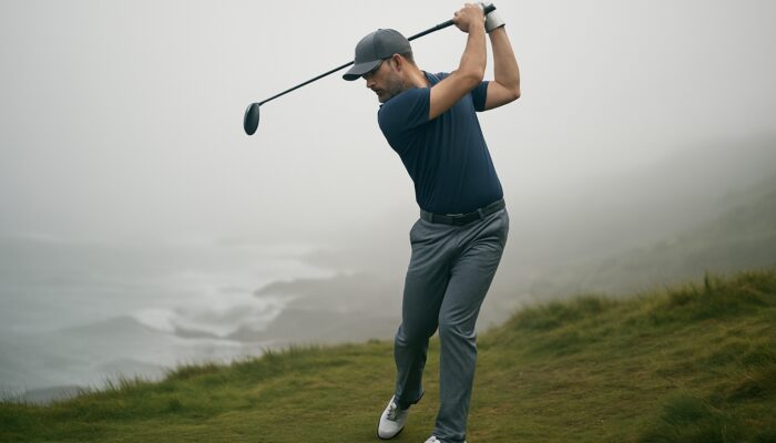 Golfer swinging in misty South African fog, wearing spiked shoes and moisture-wicking gloves on slippery terrain.