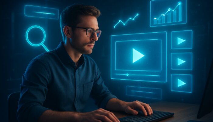 SEO expert analysing video data on glowing screens with holographic keywords and trending graphs.