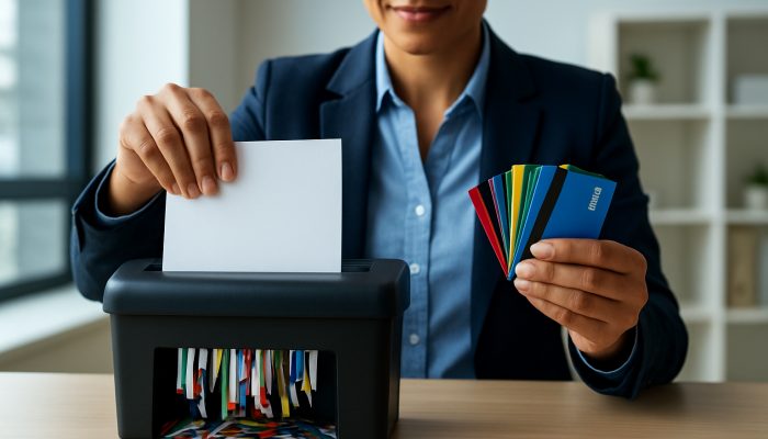 Confident person shreds colorful credit cards in modern office, replacing with sleek loan document.