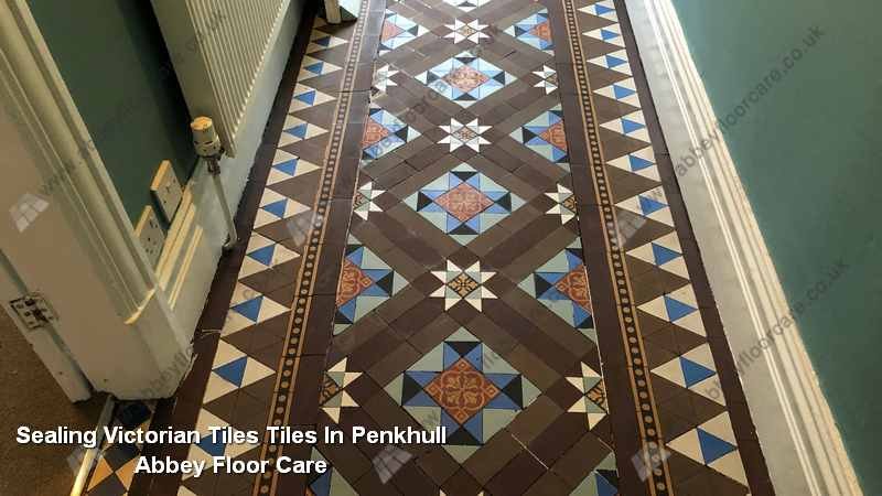 Restored Victorian hallway tiles in Penkhull after breathable sealing with richer color and matte finish