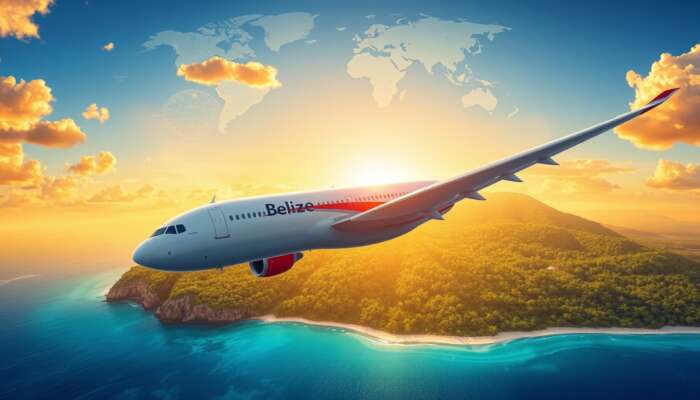 Vibrant illustration of a modern airplane descending over Belize's turquoise waters and rainforests, with a world map of flight routes under a golden sunset.