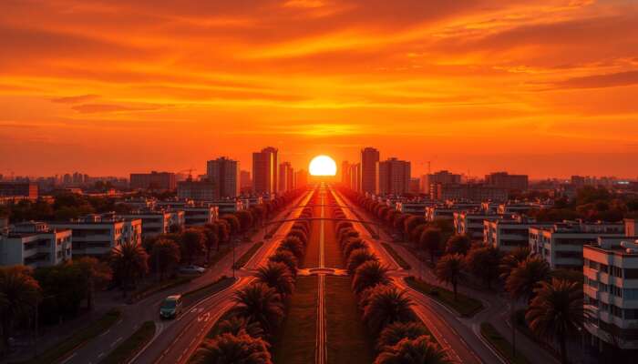 Symmetrical urban landscape during golden hour, with winding paths leading to a vibrant focal point and bold warm-cool colour contrasts.