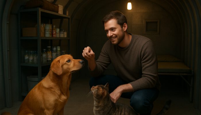 Dog and cat exploring a cosy underground tornado shelter with a smiling owner offering them treats.