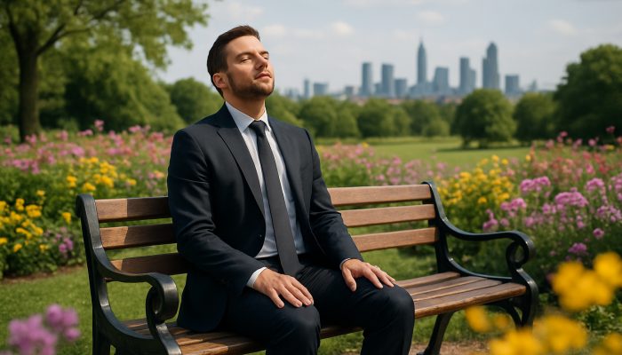 Stressed professional pausing on UK park bench, eyes closed amid flowers and city skyline.