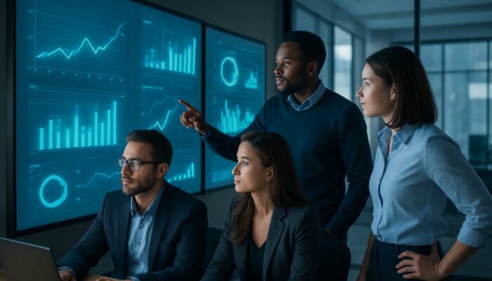 Analysts in a modern office reviewing customer feedback graphs and trust metrics on digital screens.