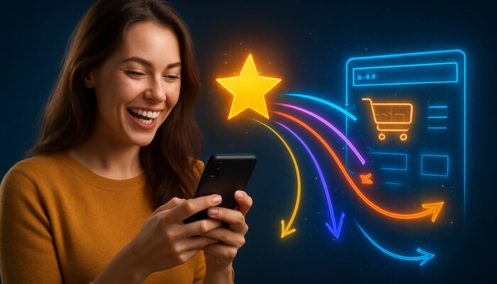 Content customer on smartphone posting review, with vibrant links to busy e-commerce site symbolising SEO growth.