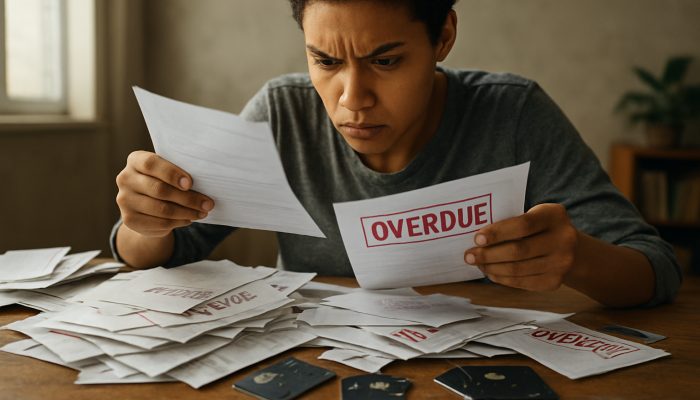 A determined person sorting overdue bills and broken credit cards on a cluttered desk, symbolizing debt management with bad credit.