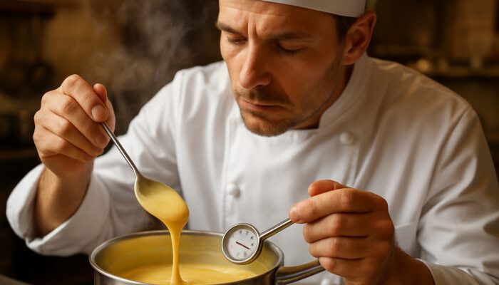 Chef stirring golden custard in a saucepan, monitoring an 82°C thermometer as steam rises.