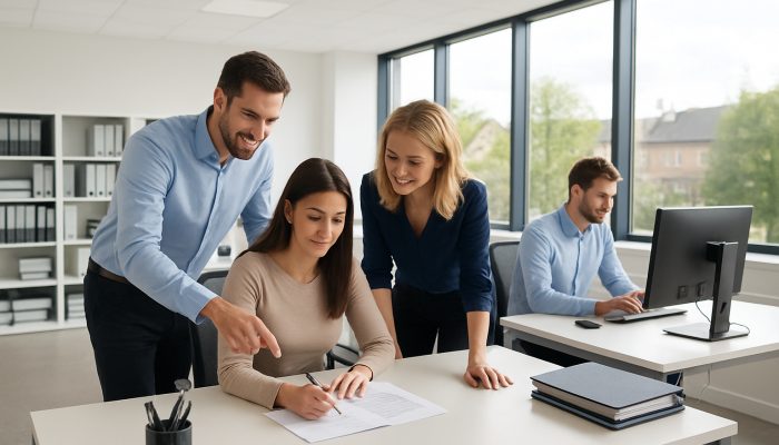 Modern office in Yeovil featuring immaculate desks, organised files, and focused employees benefiting from natural light.
