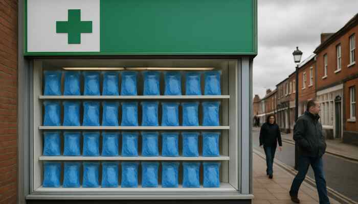 Sterile blue medical gloves showcased in a pharmacy window in Burton upon Trent.