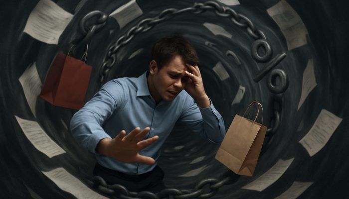 Spotting Cost of Buy Now Pay Later Deals: Essential Guide | DCL Individual trapped in BNPL debt vortex with unpaid bills, shopping bags, and interest chains.