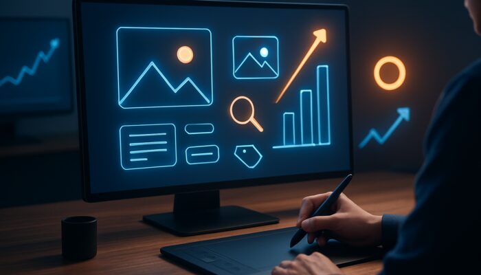 Designer enhancing images with alt text, SEO tags, and icons, surrounded by glowing Google search graphs and ascending arrows.