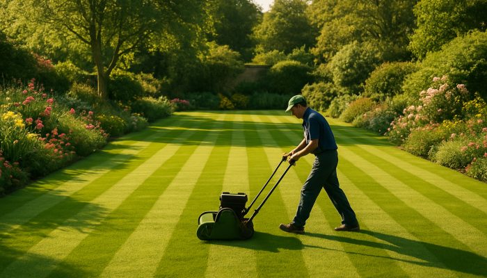 Gardener expertly mowing a perfectly striped lush lawn in a tranquil Yeovil garden with blooming flowers.