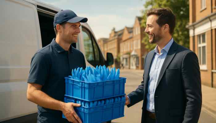 Local Aylesbury supplier delivering blue nitrile gloves to business owner by delivery van