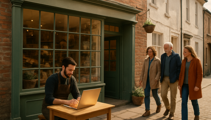 Shopkeeper in Devizes high street shop viewing glowing keyword maps on laptop as local customers approach