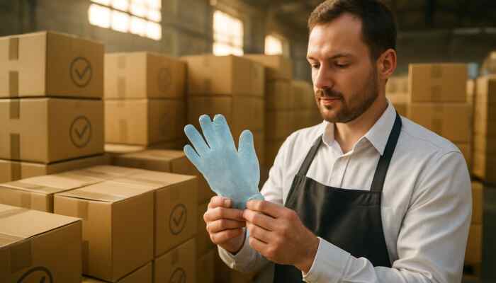 Catering manager inspecting certified bulk polythene gloves in a sunlit warehouse filled with compliance boxes