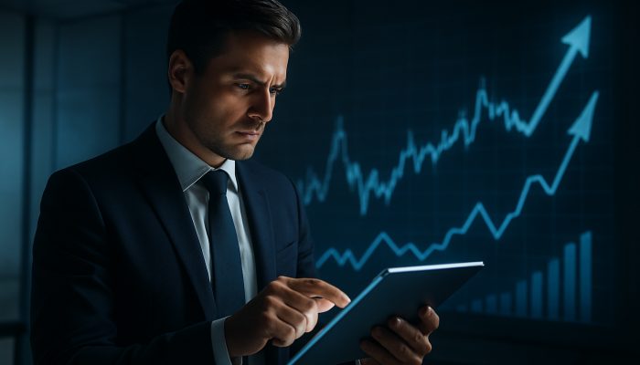 Entrepreneur reviews financial plan on glowing tablet amid rising price charts in sleek office