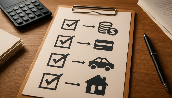 Wooden desk checklist for merging debts with icons, calculator, and papers
