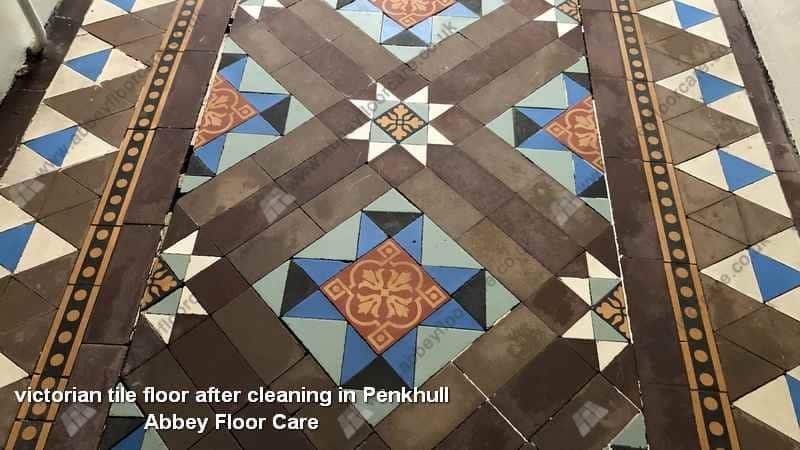 Victorian tile floor in Penkhull after careful cleaning with improved color and clearer geometric pattern