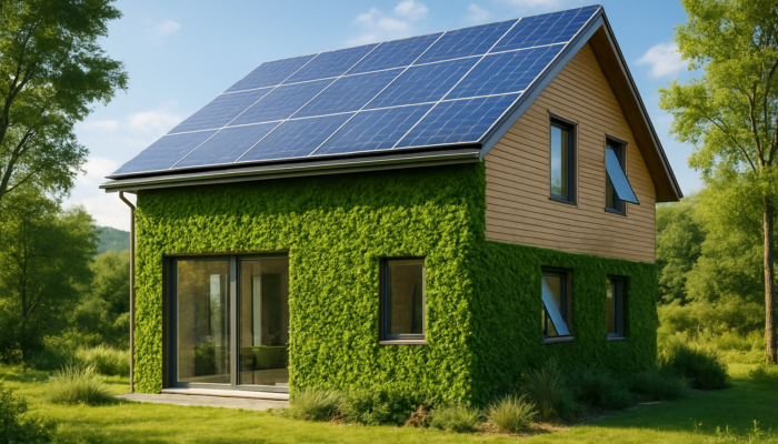 Modern eco-friendly house with solar panels, green walls, and smart windows set in a tranquil landscape.