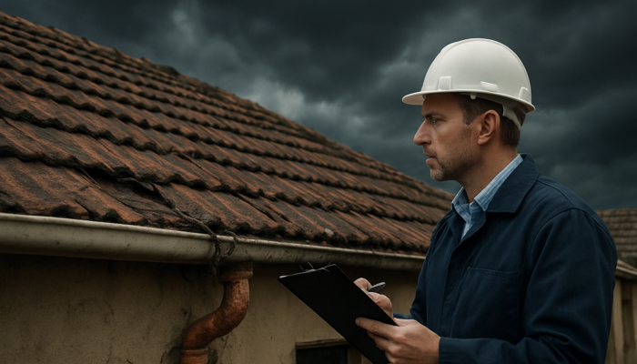 Professional inspector evaluating a cracked roof and exposed wires on an old South African home in Springs under a stormy sky.