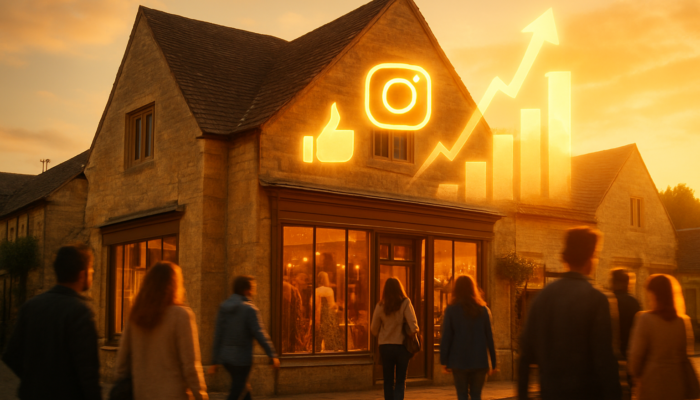 Digital illustration of Tetbury boutique with glowing Instagram icons and rising growth charts drawing customers.