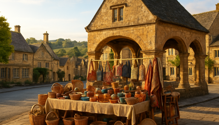 Small business local crafts display beside Tetbury Market House in sunny Cotswolds Gloucestershire