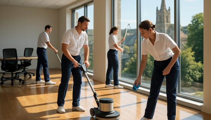 Professional cleaners ensuring spotless floors and windows in a vibrant Crewkerne office.