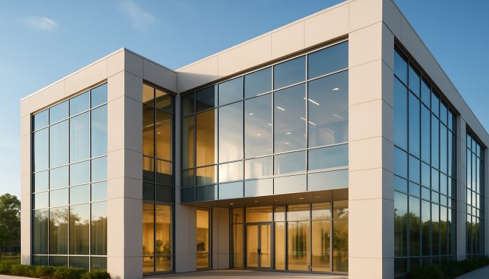 Modern commercial building showcasing immaculate gleaming windows and sunlit welcoming interiors.