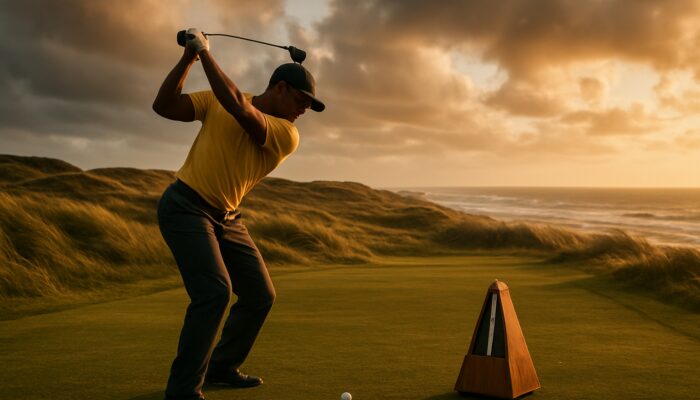 Concentrated South African golfer mid-swing with metronome on a windy coastal fairway during golden hour
