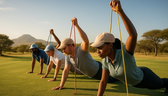 Diverse golfers executing planks and resistance band presses on a sunlit South African savanna golf course.