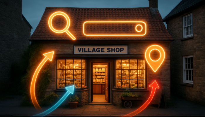Charming village shop in Holsworthy highlighted with SEO title tags and traffic indicators.