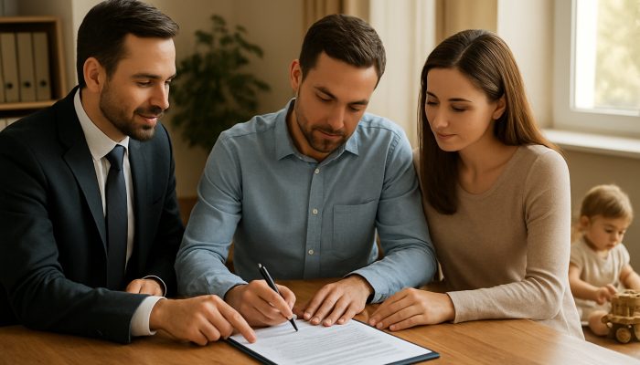Family lawyer assists co-parents signing financial agreement while child plays in sunlit office