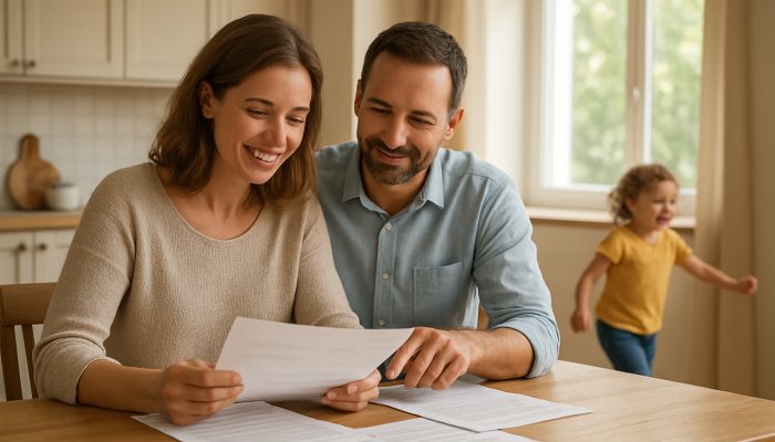 Co-parents review finances at sunlit kitchen table while child plays nearby in stable home