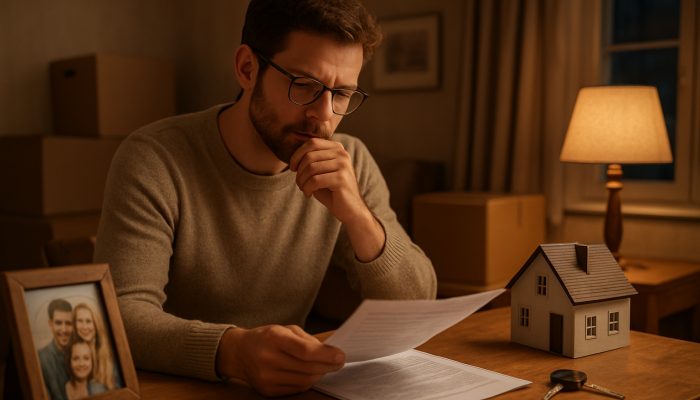 Individual reviewing insurance documents at a desk with car keys, a house model, and relocation boxes in a comfortable British home